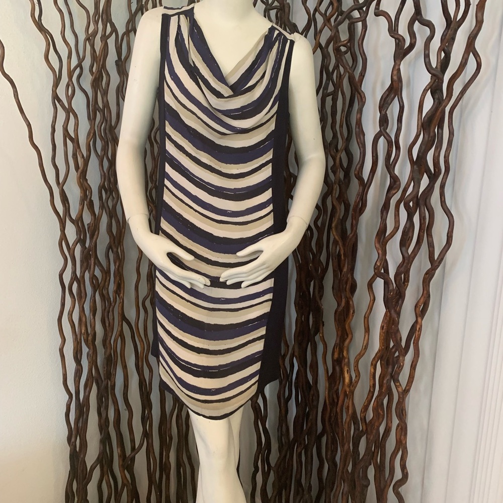 Tory Burch Navy Stripped Silk MIDI Dress